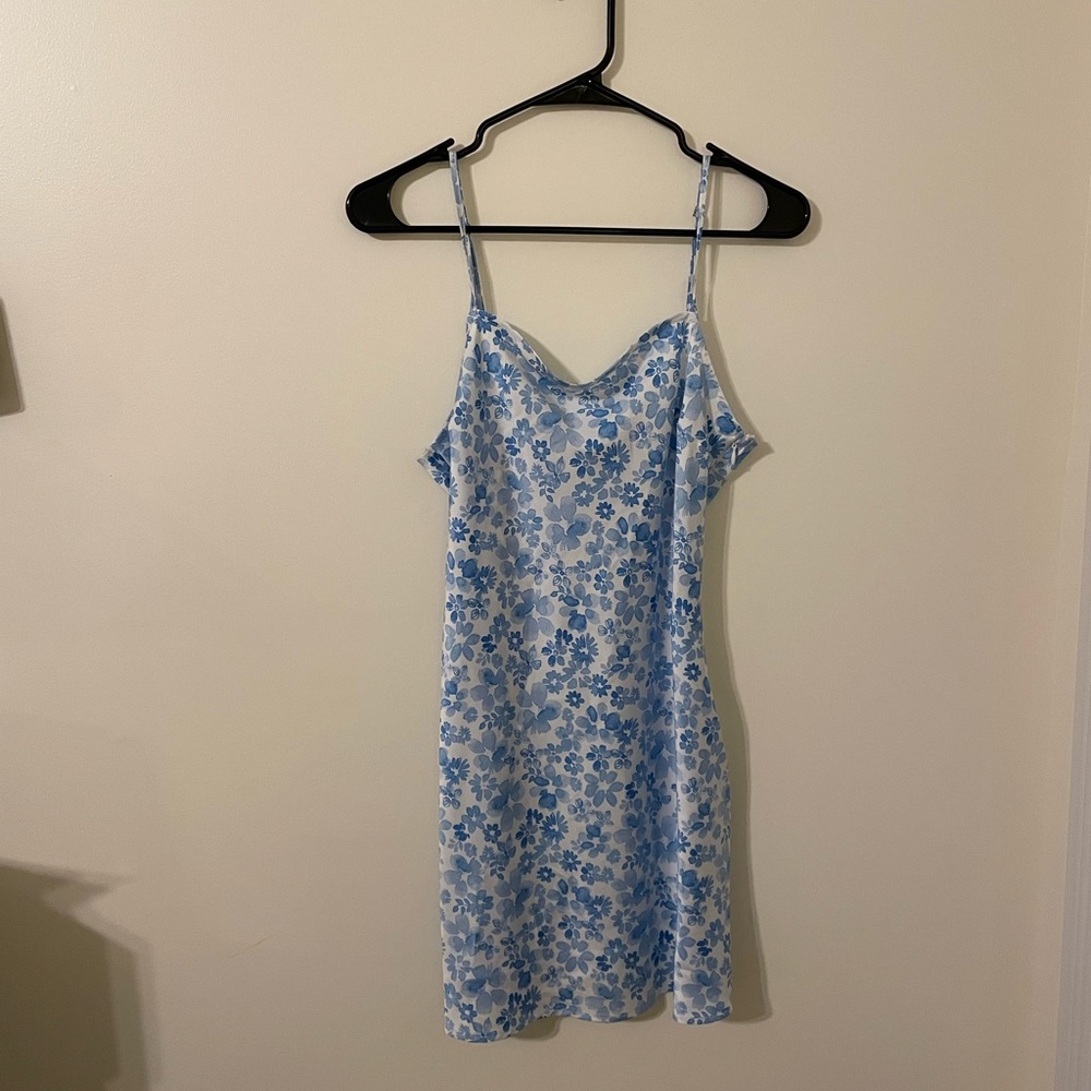blue floral print slip dress